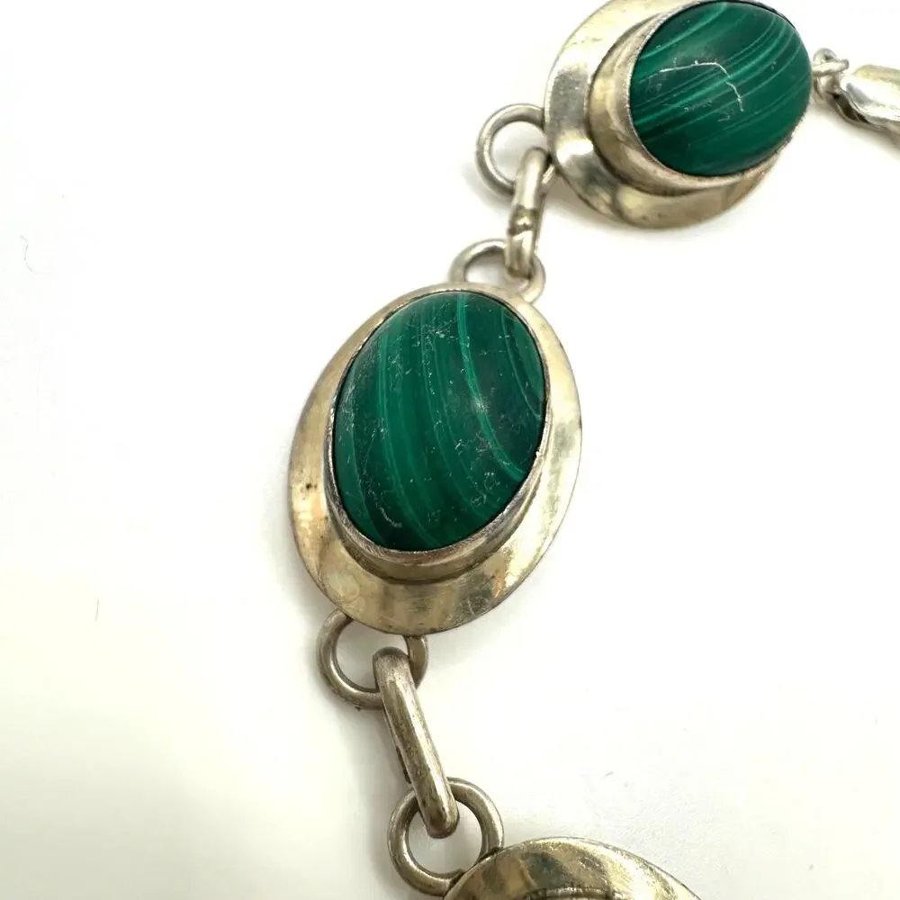 Vintage 925 sterling silver 6 genuine green malachite cabochons bracelet 8